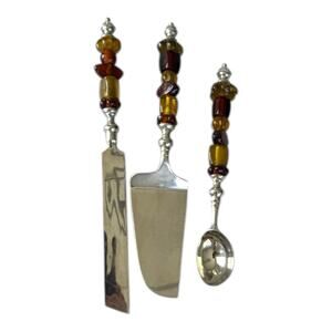 Wedding Cake Server Set & Ice Cream Scoop w/Amber Glass Beaded Handles India EUC